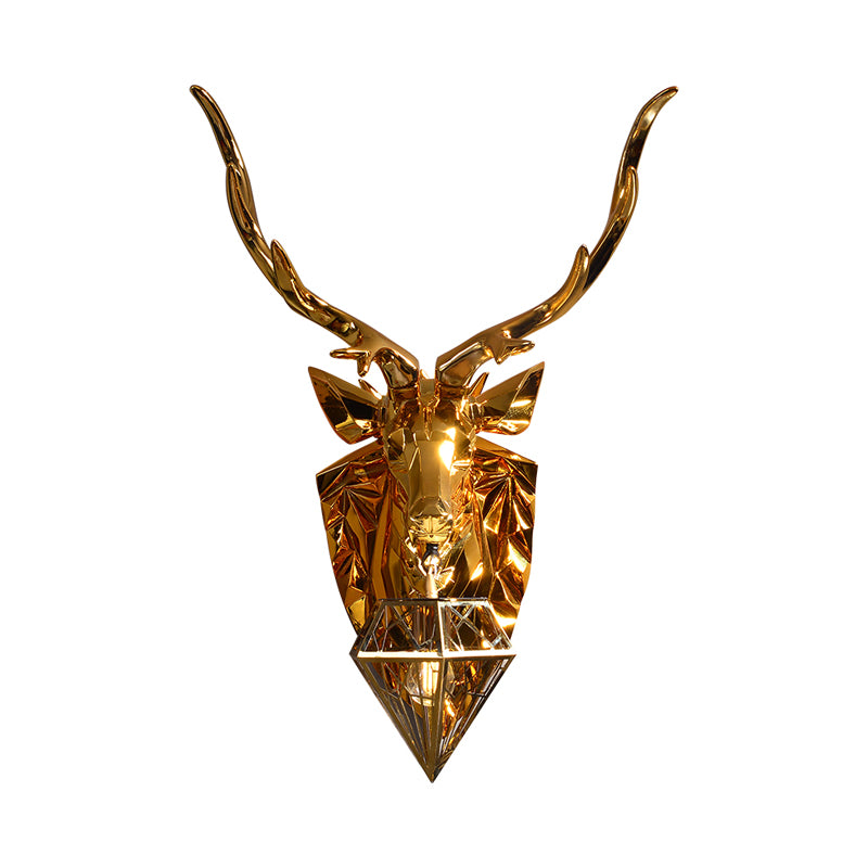 Diamond Cage Foyer Wall Light Sconce Resin 1 Bulb Country Style Wall Lamp with Elk Backplate in Gold, 16"/26" Wide Clearhalo 'Wall Lamps & Sconces' 'Wall Lights' Lighting' 333353