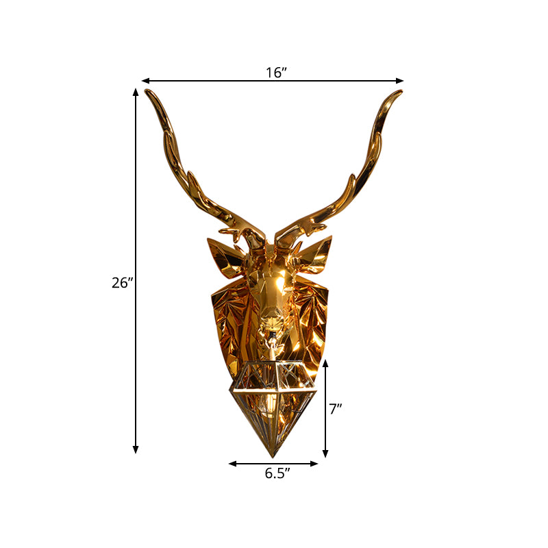 Diamond Cage Foyer Wall Light Sconce Resin 1 Bulb Country Style Wall Lamp with Elk Backplate in Gold, 16"/26" Wide Clearhalo 'Wall Lamps & Sconces' 'Wall Lights' Lighting' 333354
