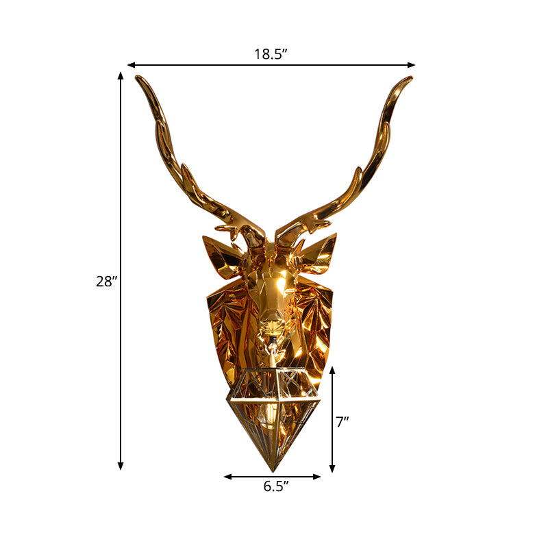 Diamond Cage Foyer Wall Light Sconce Resin 1 Bulb Country Style Wall Lamp with Elk Backplate in Gold, 16"/26" Wide Clearhalo 'Wall Lamps & Sconces' 'Wall Lights' Lighting' 333355