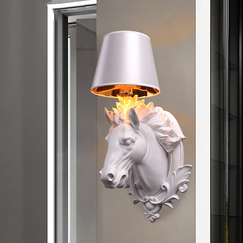 White Horse Wall Mount Lamp Countryside 1 Bulb Resin Wall Sconce Fixture with Cone Shade for Living Room, 9.5"/12" W Clearhalo 'Wall Lamps & Sconces' 'Wall Lights' Lighting' 333372