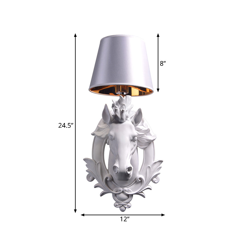 White Horse Wall Mount Lamp Countryside 1 Bulb Resin Wall Sconce Fixture with Cone Shade for Living Room, 9.5"/12" W Clearhalo 'Wall Lamps & Sconces' 'Wall Lights' Lighting' 333376