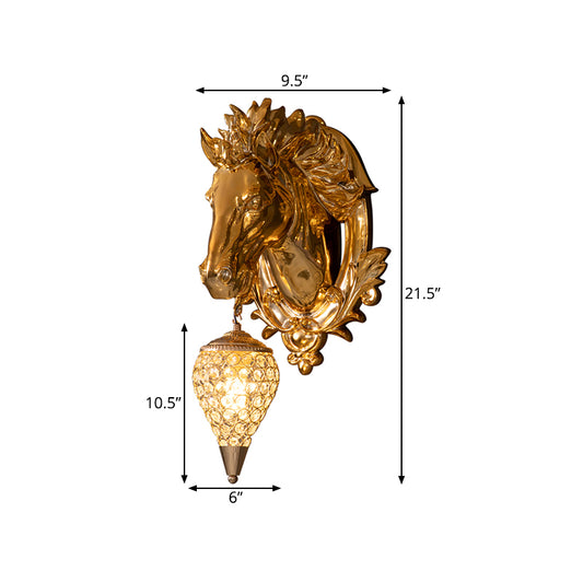 Horse Shape Resin Wall Lighting Traditional 9.5"/12" W 1 Head Golden Wall Sconce Lamp with Clear Crystal Teardrop Shade Clearhalo 'Wall Lamps & Sconces' 'Wall Lights' Lighting' 333396