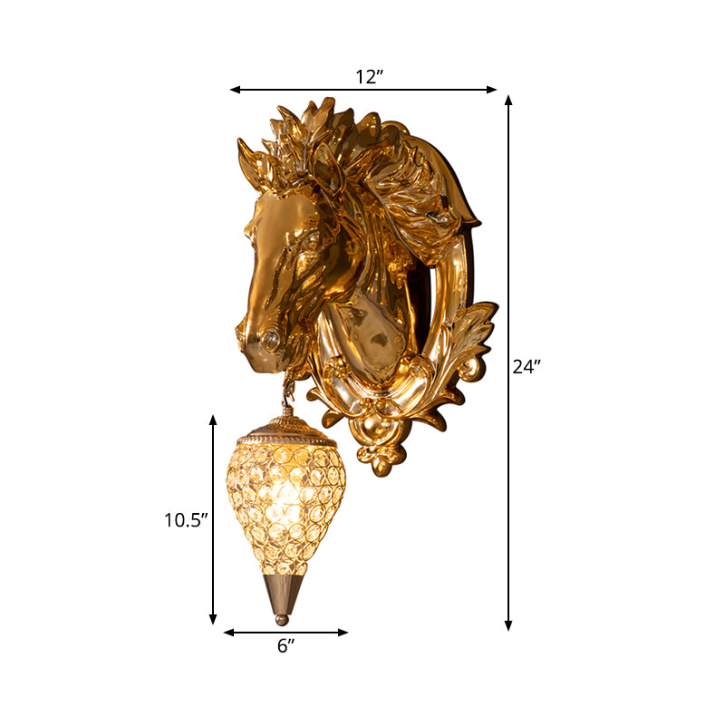 Horse Shape Resin Wall Lighting Traditional 9.5"/12" W 1 Head Golden Wall Sconce Lamp with Clear Crystal Teardrop Shade Clearhalo 'Wall Lamps & Sconces' 'Wall Lights' Lighting' 333397