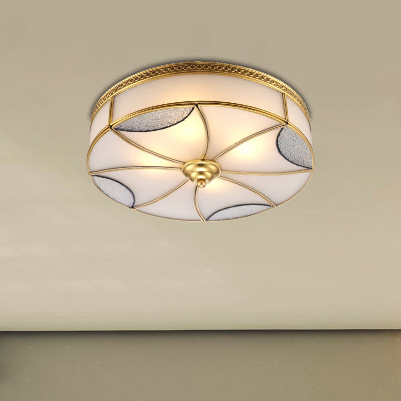 Gold 4/6 Lights Ceiling Mount Vintage Style Curved Frosted Glass Panel Drum Flush Light Fixture for Living Room, 18"/21.5" W Gold Clearhalo 'Ceiling Lights' 'Close To Ceiling Lights' 'Close to ceiling' 'Flush mount' Lighting' 333424