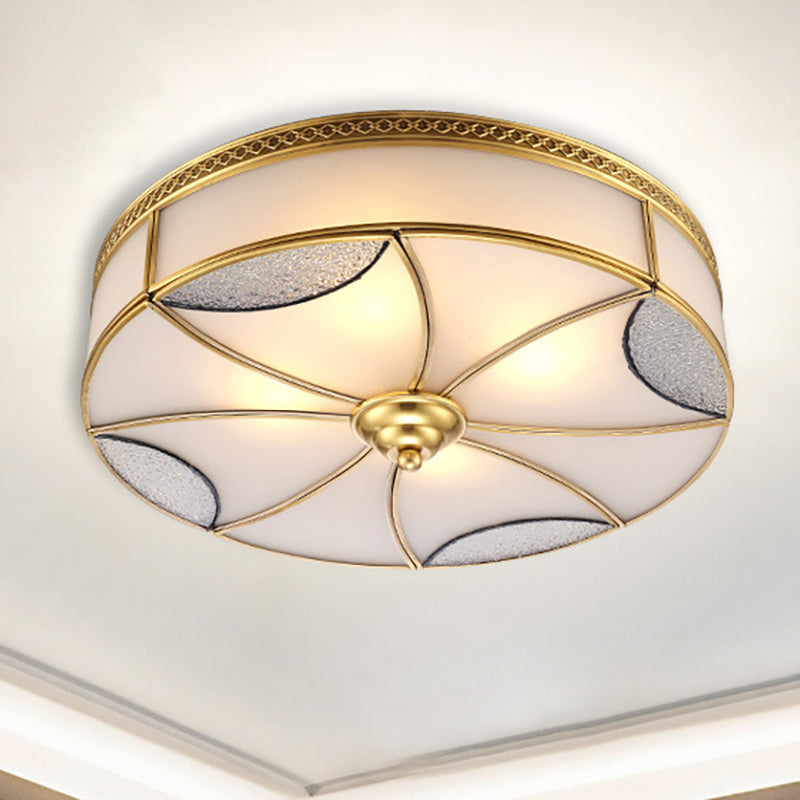 Gold 4/6 Lights Ceiling Mount Vintage Style Curved Frosted Glass Panel Drum Flush Light Fixture for Living Room, 18"/21.5" W Clearhalo 'Ceiling Lights' 'Close To Ceiling Lights' 'Close to ceiling' 'Flush mount' Lighting' 333425