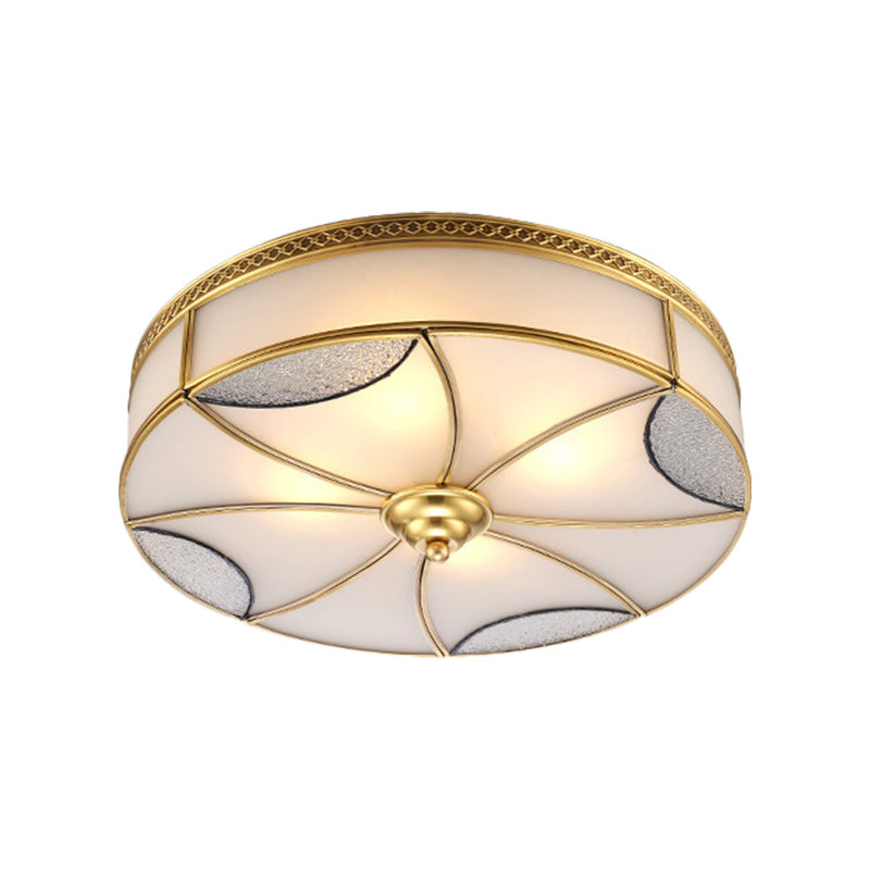 Gold 4/6 Lights Ceiling Mount Vintage Style Curved Frosted Glass Panel Drum Flush Light Fixture for Living Room, 18"/21.5" W Clearhalo 'Ceiling Lights' 'Close To Ceiling Lights' 'Close to ceiling' 'Flush mount' Lighting' 333427