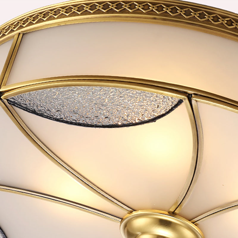 Gold 4/6 Lights Ceiling Mount Vintage Style Curved Frosted Glass Panel Drum Flush Light Fixture for Living Room, 18"/21.5" W Clearhalo 'Ceiling Lights' 'Close To Ceiling Lights' 'Close to ceiling' 'Flush mount' Lighting' 333430