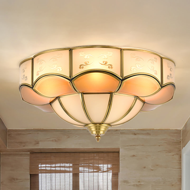 Bloom Indoor Flush Mount Lamp Vintage Curved Frosted Glass Panel 3/4/6 Lights Brass Flush Light Fixture Clearhalo 'Ceiling Lights' 'Close To Ceiling Lights' 'Close to ceiling' 'Flush mount' Lighting' 333451