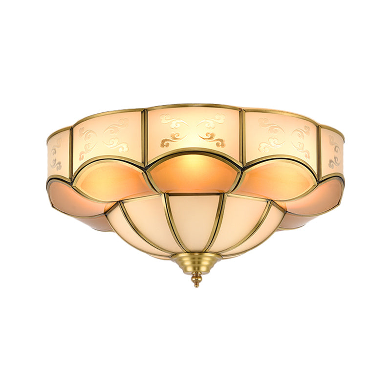 Bloom Indoor Flush Mount Lamp Vintage Curved Frosted Glass Panel 3/4/6 Lights Brass Flush Light Fixture Clearhalo 'Ceiling Lights' 'Close To Ceiling Lights' 'Close to ceiling' 'Flush mount' Lighting' 333453