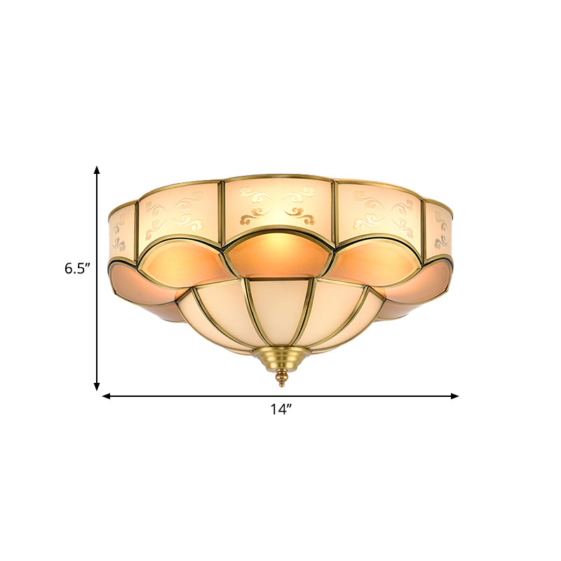 Bloom Indoor Flush Mount Lamp Vintage Curved Frosted Glass Panel 3/4/6 Lights Brass Flush Light Fixture Clearhalo 'Ceiling Lights' 'Close To Ceiling Lights' 'Close to ceiling' 'Flush mount' Lighting' 333454