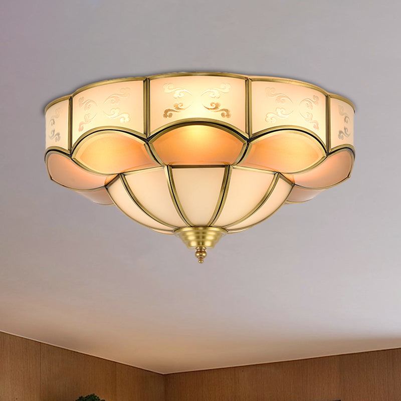 Bloom Indoor Flush Mount Lamp Vintage Curved Frosted Glass Panel 3/4/6 Lights Brass Flush Light Fixture 4 Brass Clearhalo 'Ceiling Lights' 'Close To Ceiling Lights' 'Close to ceiling' 'Flush mount' Lighting' 333455