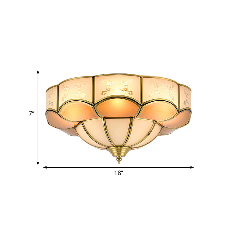 Bloom Indoor Flush Mount Lamp Vintage Curved Frosted Glass Panel 3/4/6 Lights Brass Flush Light Fixture Clearhalo 'Ceiling Lights' 'Close To Ceiling Lights' 'Close to ceiling' 'Flush mount' Lighting' 333458