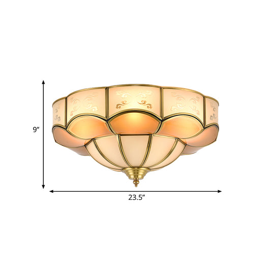 Bloom Indoor Flush Mount Lamp Vintage Curved Frosted Glass Panel 3/4/6 Lights Brass Flush Light Fixture Clearhalo 'Ceiling Lights' 'Close To Ceiling Lights' 'Close to ceiling' 'Flush mount' Lighting' 333462