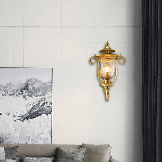 1/2-Head Wall Light Sconce Colonial Curved Arm Brass Gold Wall Mounted Lamp with Clear Glass Shade Clearhalo 'Wall Lamps & Sconces' 'Wall Lights' Lighting' 333471