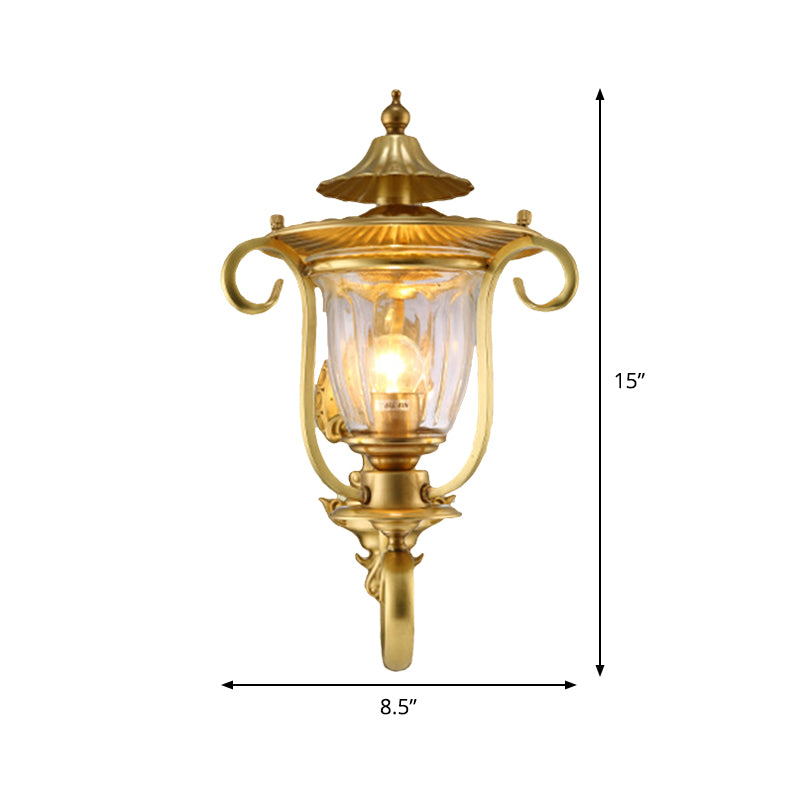 1/2-Head Wall Light Sconce Colonial Curved Arm Brass Gold Wall Mounted Lamp with Clear Glass Shade Clearhalo 'Wall Lamps & Sconces' 'Wall Lights' Lighting' 333473