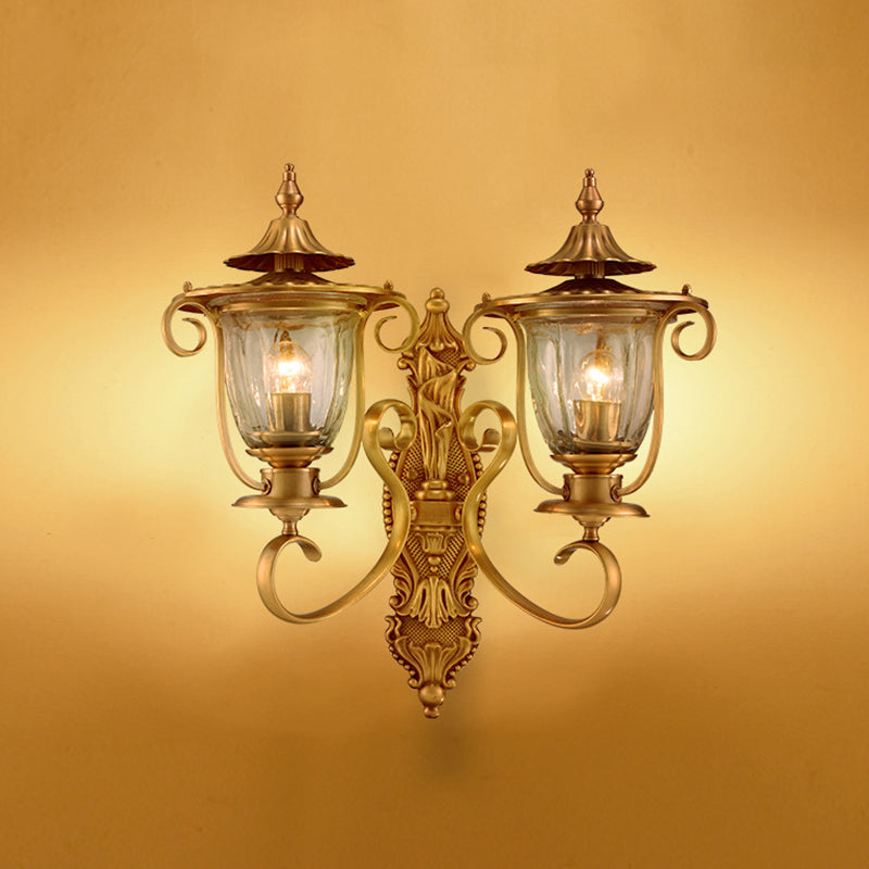 1/2-Head Wall Light Sconce Colonial Curved Arm Brass Gold Wall Mounted Lamp with Clear Glass Shade 2.0 Gold Clearhalo 'Wall Lamps & Sconces' 'Wall Lights' Lighting' 333474