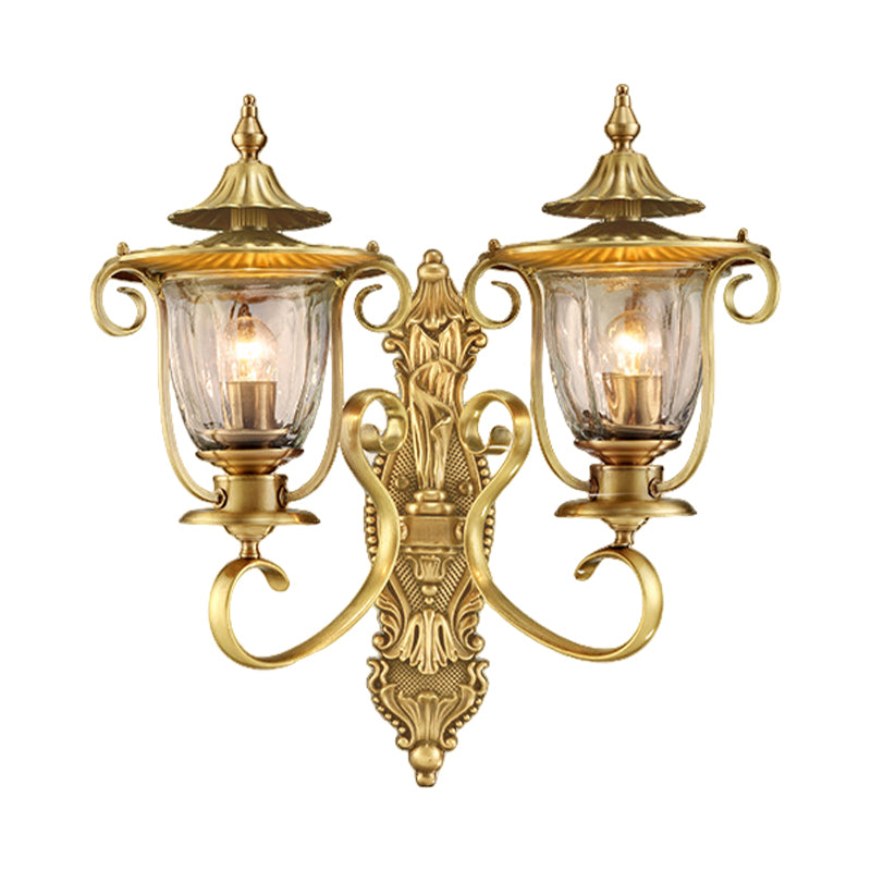 1/2-Head Wall Light Sconce Colonial Curved Arm Brass Gold Wall Mounted Lamp with Clear Glass Shade Clearhalo 'Wall Lamps & Sconces' 'Wall Lights' Lighting' 333476