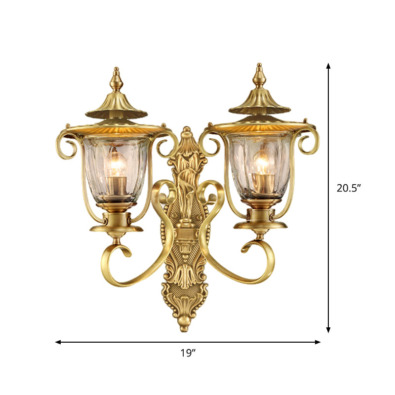 1/2-Head Wall Light Sconce Colonial Curved Arm Brass Gold Wall Mounted Lamp with Clear Glass Shade Clearhalo 'Wall Lamps & Sconces' 'Wall Lights' Lighting' 333477