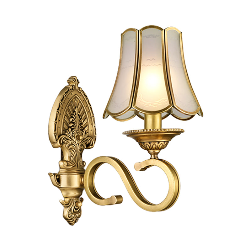 Gold 1/2 Heads Sconce Light Retro Metallic Curved Arm Wall Lighting with Flared Beveled Glass Shade Clearhalo 'Wall Lamps & Sconces' 'Wall Lights' Lighting' 333510