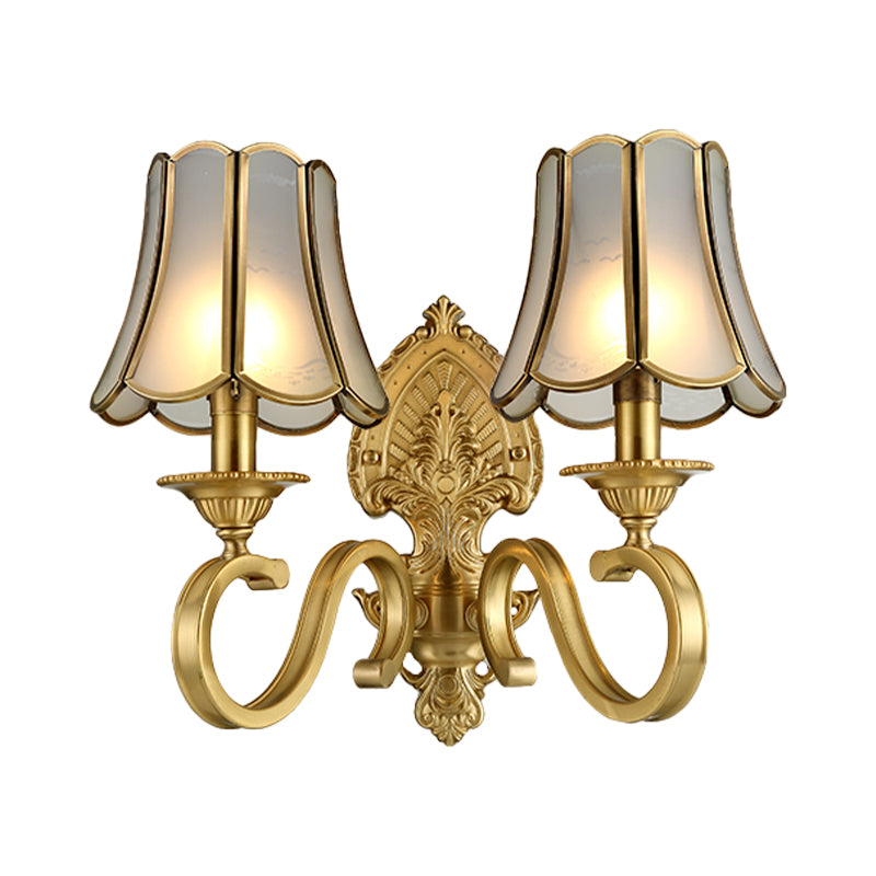 Gold 1/2 Heads Sconce Light Retro Metallic Curved Arm Wall Lighting with Flared Beveled Glass Shade Clearhalo 'Wall Lamps & Sconces' 'Wall Lights' Lighting' 333514