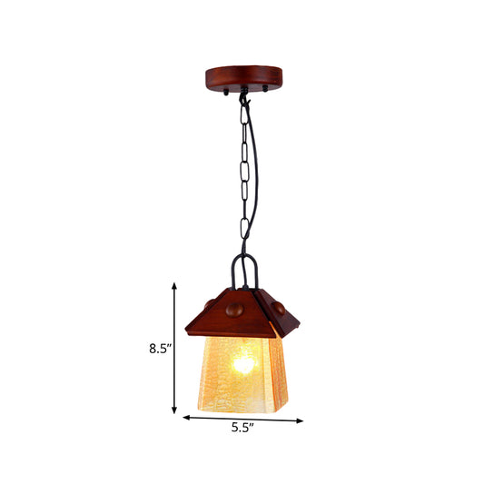 Single Square Pyramid Hanging Pendant Mission Textured White Glass Ceiling Lamp with Brown Shade Clearhalo 'Ceiling Lights' 'Chandeliers' 'Glass shade' 'Glass' 'Pendant Lights' 'Pendants' Lighting' 333520