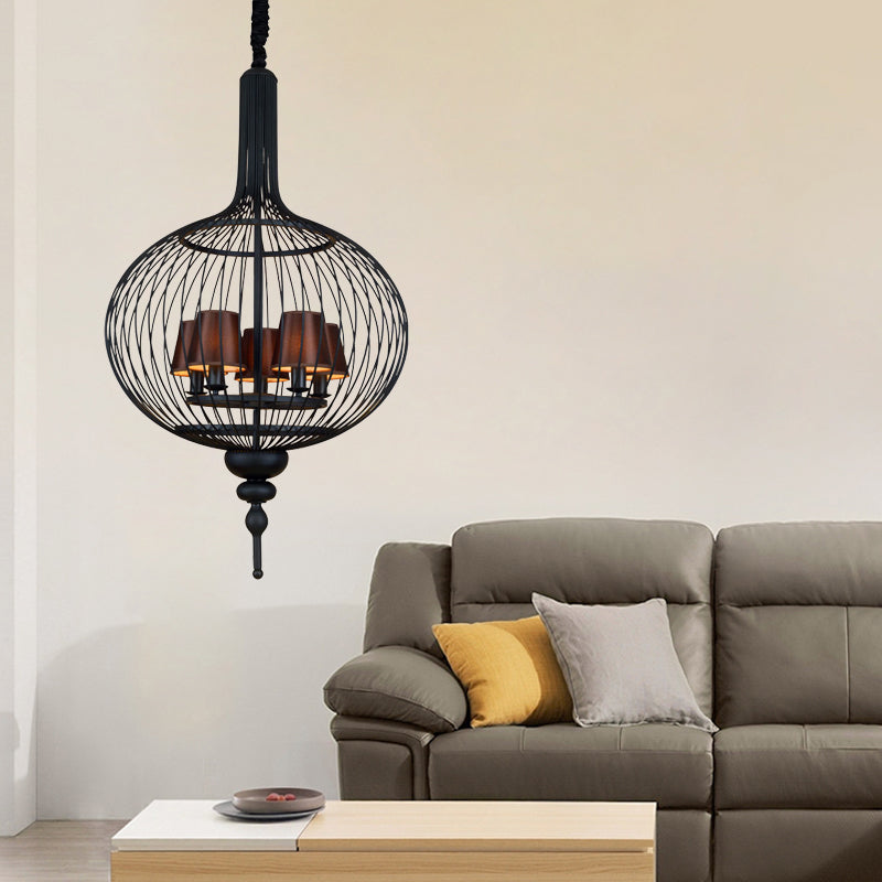 Lantern Iron Chandelier Pendant 23.5"/27.5" W Traditional 5 Head Black Ceiling Lamp with Brown Fabric Tapered Lampshade Clearhalo 'Ceiling Lights' 'Chandeliers' Lighting' options 333522