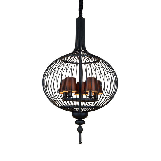 Lantern Iron Chandelier Pendant 23.5"/27.5" W Traditional 5 Head Black Ceiling Lamp with Brown Fabric Tapered Lampshade Clearhalo 'Ceiling Lights' 'Chandeliers' Lighting' options 333525