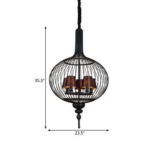 Lantern Iron Chandelier Pendant 23.5"/27.5" W Traditional 5 Head Black Ceiling Lamp with Brown Fabric Tapered Lampshade Clearhalo 'Ceiling Lights' 'Chandeliers' Lighting' options 333526