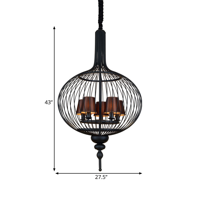 Lantern Iron Chandelier Pendant 23.5"/27.5" W Traditional 5 Head Black Ceiling Lamp with Brown Fabric Tapered Lampshade Clearhalo 'Ceiling Lights' 'Chandeliers' Lighting' options 333527