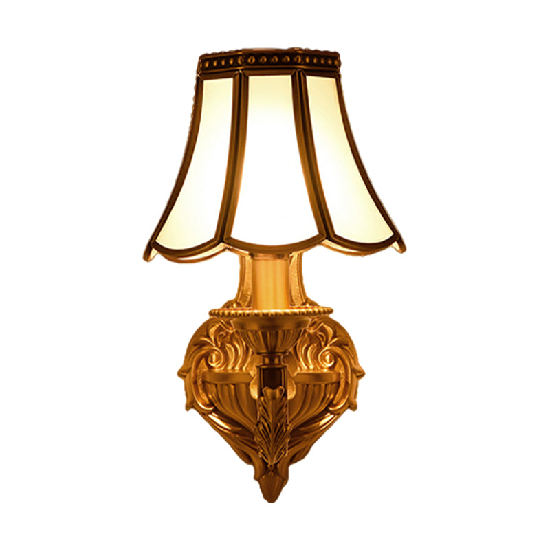 Flared Frosted Glass Wall Sconce Traditional 1/2 Lights White Wall Mounted Lamp with Curly Gold Arm Clearhalo 'Wall Lamps & Sconces' 'Wall Lights' Lighting' 333551