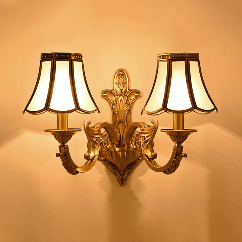 Flared Frosted Glass Wall Sconce Traditional 1/2 Lights White Wall Mounted Lamp with Curly Gold Arm 2.0 Gold Clearhalo 'Wall Lamps & Sconces' 'Wall Lights' Lighting' 333553