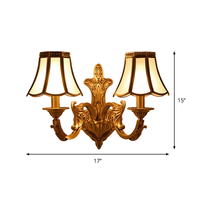 Flared Frosted Glass Wall Sconce Traditional 1/2 Lights White Wall Mounted Lamp with Curly Gold Arm Clearhalo 'Wall Lamps & Sconces' 'Wall Lights' Lighting' 333556