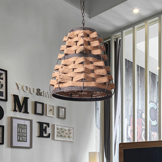 Rustic Tapered Suspension Pendant 1 Bulb Flaxen Hemp Rope Woven Ceiling Lamp with Metal Frame Clearhalo 'Ceiling Lights' 'Pendant Lights' 'Pendants' Lighting' 333557