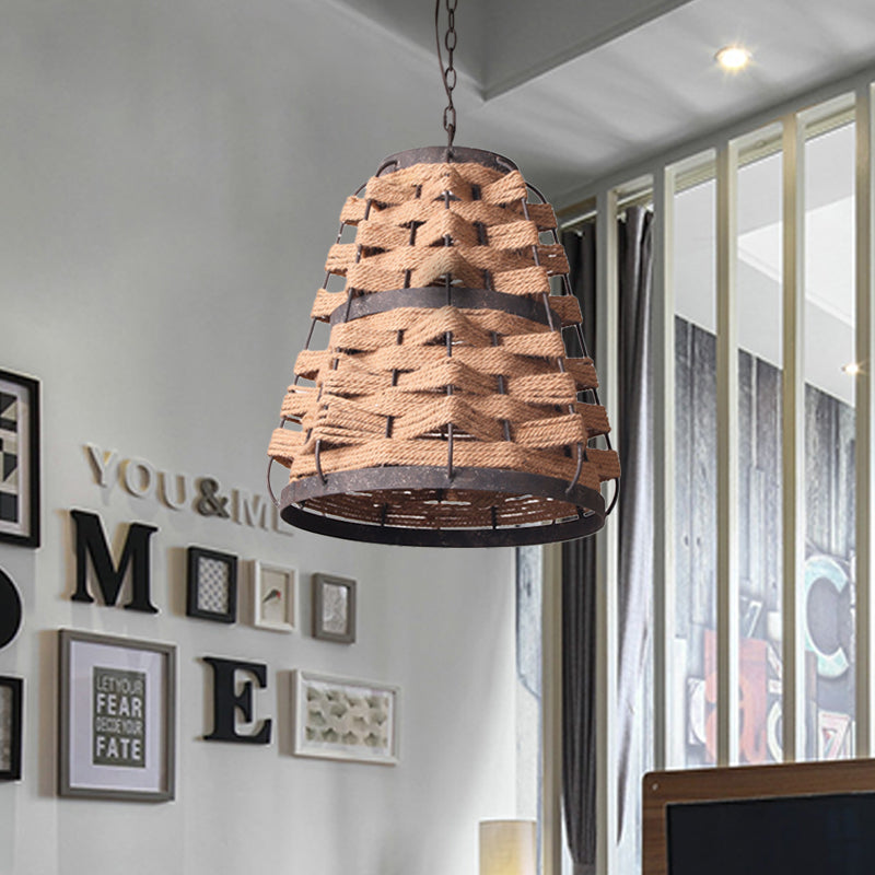 Rustic Tapered Suspension Pendant 1 Bulb Flaxen Hemp Rope Woven Ceiling Lamp with Metal Frame Flaxen Clearhalo 'Ceiling Lights' 'Pendant Lights' 'Pendants' Lighting' 333557_a7f8db6d-6b81-4cad-ae1f-e3492dc9b94d