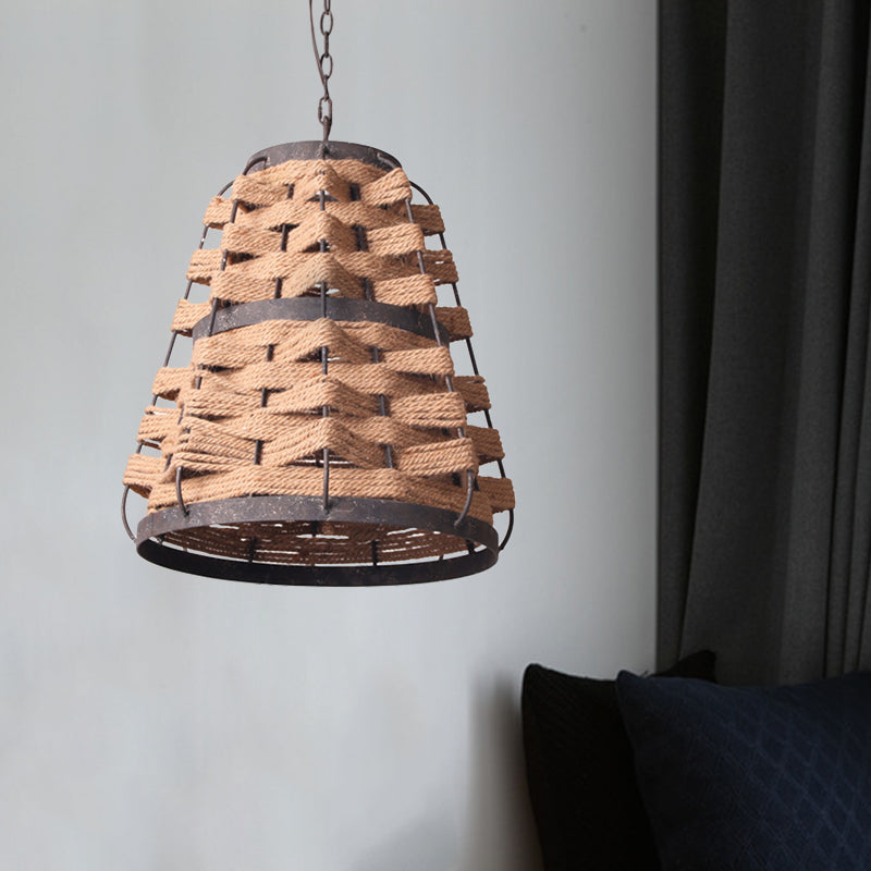 Rustic Tapered Suspension Pendant 1 Bulb Flaxen Hemp Rope Woven Ceiling Lamp with Metal Frame Clearhalo 'Ceiling Lights' 'Pendant Lights' 'Pendants' Lighting' 333558