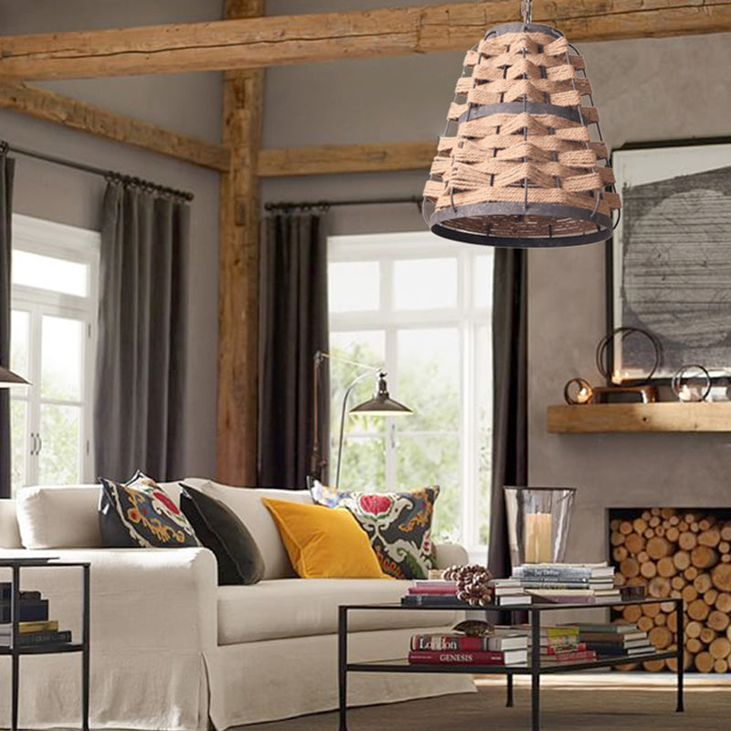 Rustic Tapered Suspension Pendant 1 Bulb Flaxen Hemp Rope Woven Ceiling Lamp with Metal Frame Clearhalo 'Ceiling Lights' 'Pendant Lights' 'Pendants' Lighting' 333559