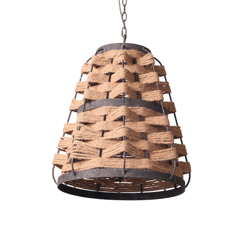 Rustic Tapered Suspension Pendant 1 Bulb Flaxen Hemp Rope Woven Ceiling Lamp with Metal Frame Clearhalo 'Ceiling Lights' 'Pendant Lights' 'Pendants' Lighting' 333560