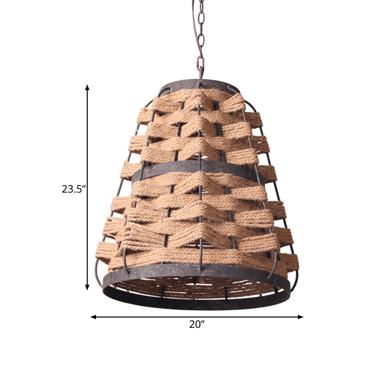 Rustic Tapered Suspension Pendant 1 Bulb Flaxen Hemp Rope Woven Ceiling Lamp with Metal Frame Clearhalo 'Ceiling Lights' 'Pendant Lights' 'Pendants' Lighting' 333561