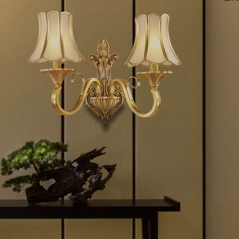 Brass Gold Finish Wall Light Sconce Scrolled Arm 1/2 Bulbs Colonial Style Wall Mount Lighting 2.0 Gold Clearhalo 'Wall Lamps & Sconces' 'Wall Lights' Lighting' 333568