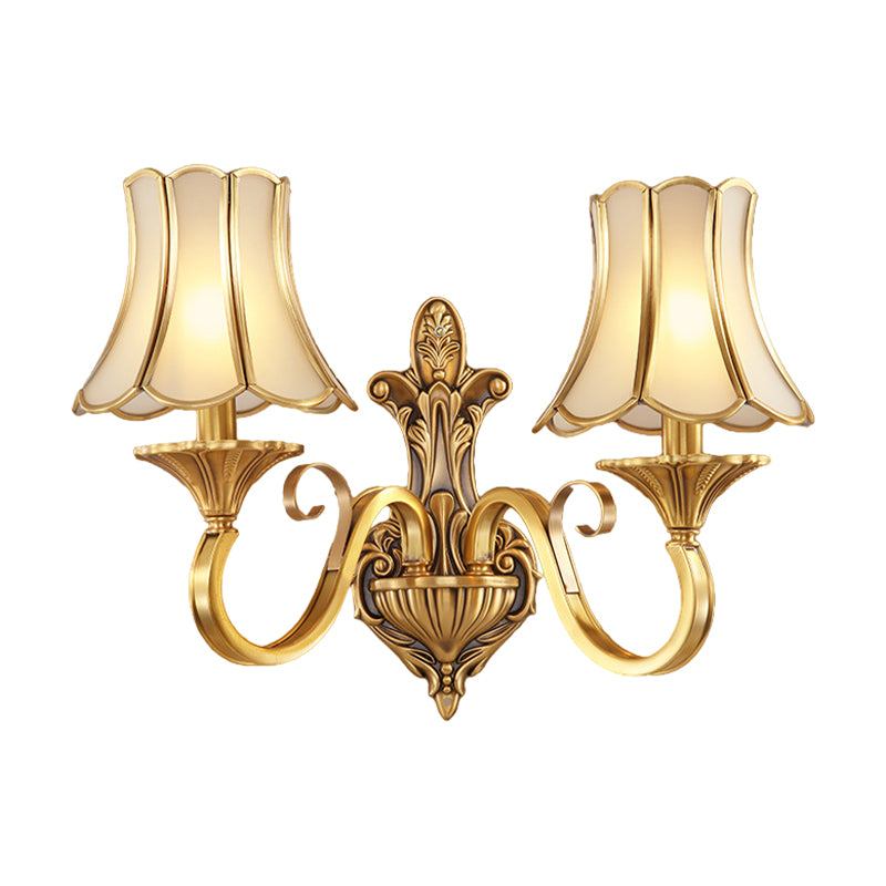 Brass Gold Finish Wall Light Sconce Scrolled Arm 1/2 Bulbs Colonial Style Wall Mount Lighting Clearhalo 'Wall Lamps & Sconces' 'Wall Lights' Lighting' 333570