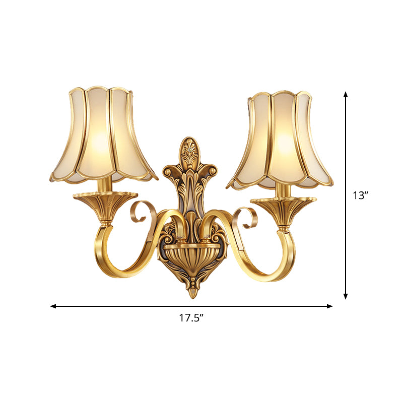 Brass Gold Finish Wall Light Sconce Scrolled Arm 1/2 Bulbs Colonial Style Wall Mount Lighting Clearhalo 'Wall Lamps & Sconces' 'Wall Lights' Lighting' 333571