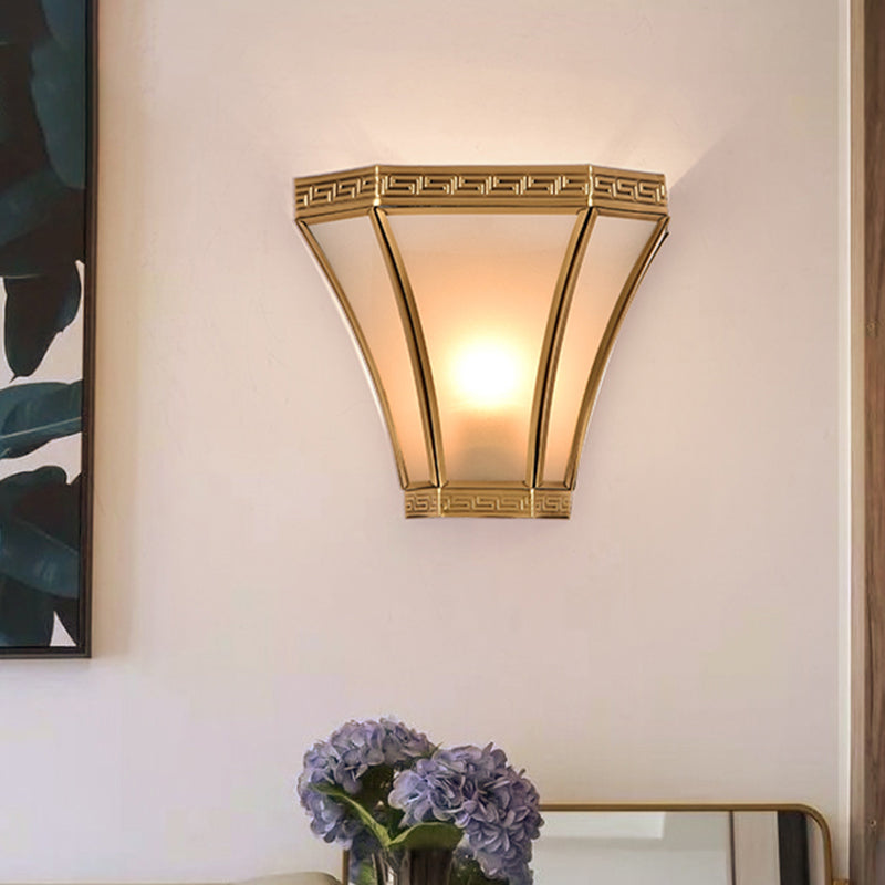 Flared Brass Sconce Light Vintage 1 Bulb Gold Finish Wall Mounted Lamp with Frosted Glass Shade Clearhalo 'Wall Lamps & Sconces' 'Wall Lights' Lighting' 333574