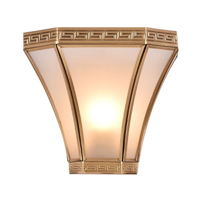 Flared Brass Sconce Light Vintage 1 Bulb Gold Finish Wall Mounted Lamp with Frosted Glass Shade Clearhalo 'Wall Lamps & Sconces' 'Wall Lights' Lighting' 333576