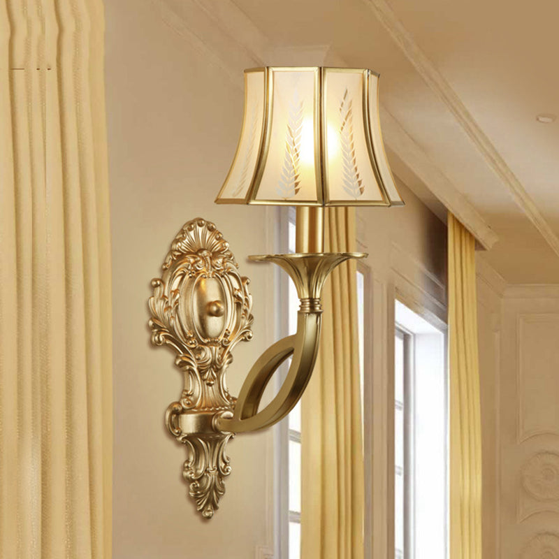 Swooping Arm Wall Mounted Lamp Vintage Metal 1/2-Head Gold Sconce Light with Printed Opaque Glass Shade Clearhalo 'Wall Lamps & Sconces' 'Wall Lights' Lighting' 333579