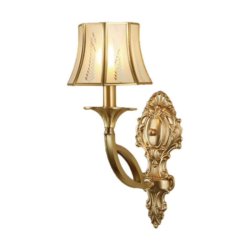 Swooping Arm Wall Mounted Lamp Vintage Metal 1/2-Head Gold Sconce Light with Printed Opaque Glass Shade Clearhalo 'Wall Lamps & Sconces' 'Wall Lights' Lighting' 333581