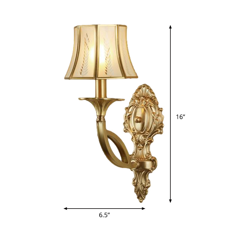 Swooping Arm Wall Mounted Lamp Vintage Metal 1/2-Head Gold Sconce Light with Printed Opaque Glass Shade Clearhalo 'Wall Lamps & Sconces' 'Wall Lights' Lighting' 333582