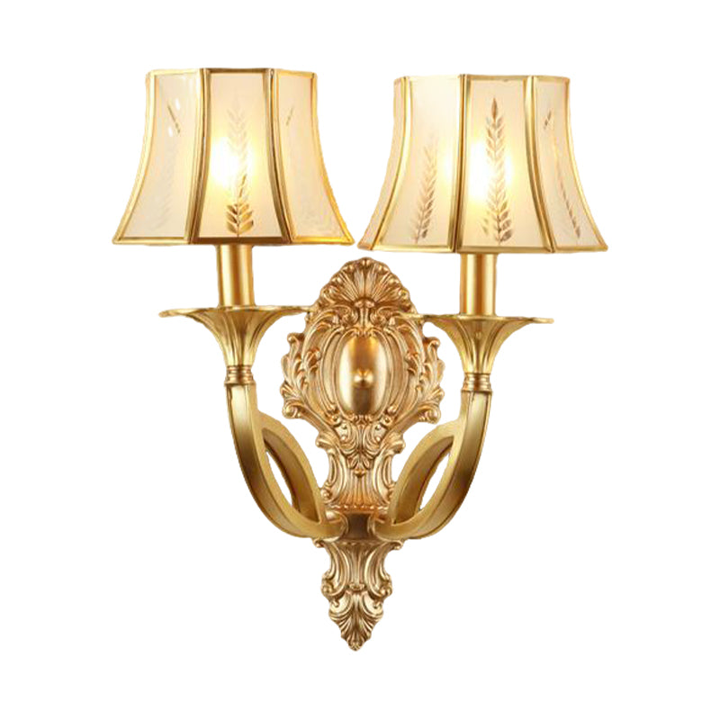 Swooping Arm Wall Mounted Lamp Vintage Metal 1/2-Head Gold Sconce Light with Printed Opaque Glass Shade Clearhalo 'Wall Lamps & Sconces' 'Wall Lights' Lighting' 333585