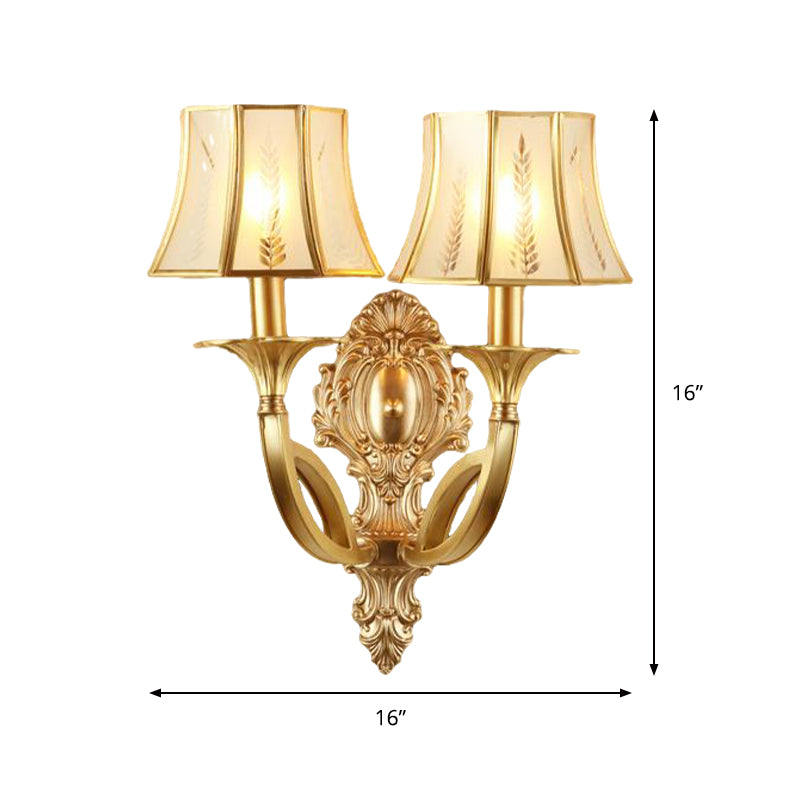 Swooping Arm Wall Mounted Lamp Vintage Metal 1/2-Head Gold Sconce Light with Printed Opaque Glass Shade Clearhalo 'Wall Lamps & Sconces' 'Wall Lights' Lighting' 333586