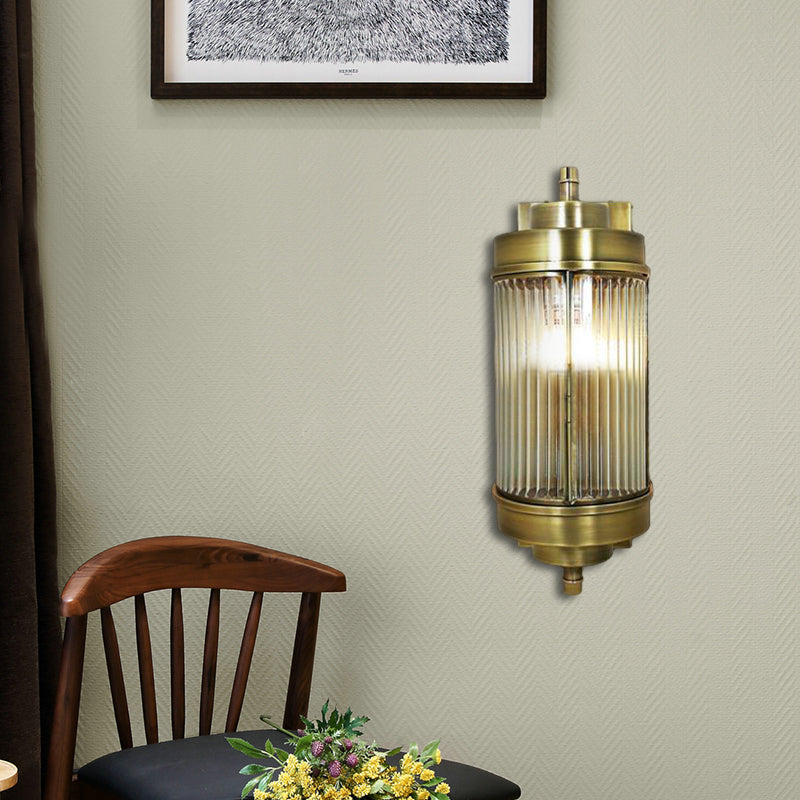 16"/23.5" H Ribbed Glass Golden Wall Mount Lamp Cylinder 1 Head Colonial Sconce Lighting Clearhalo 'Wall Lamps & Sconces' 'Wall Lights' Lighting' 333610