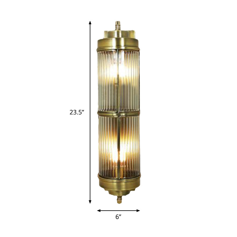 16"/23.5" H Ribbed Glass Golden Wall Mount Lamp Cylinder 1 Head Colonial Sconce Lighting Clearhalo 'Wall Lamps & Sconces' 'Wall Lights' Lighting' 333617